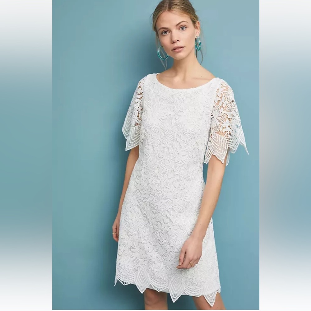 Anthropologie Women Dress elegant Charleston Lace ivory 4 Eyelet Short Sleeve
